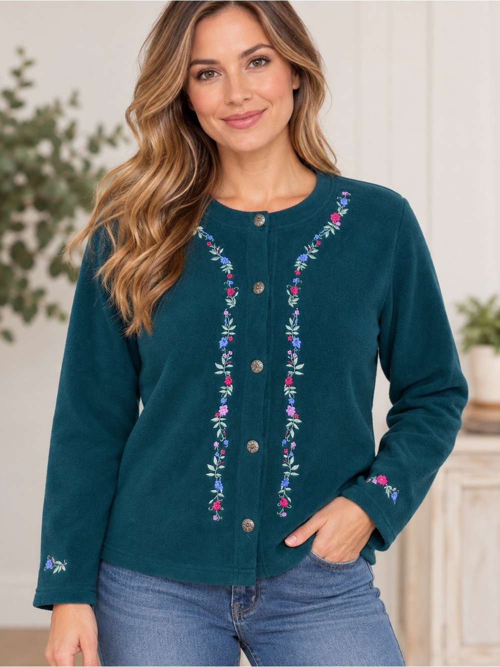 L.L.Bean Vintage Teal Floral Embroidered Cardigan Sweater Women’s L
